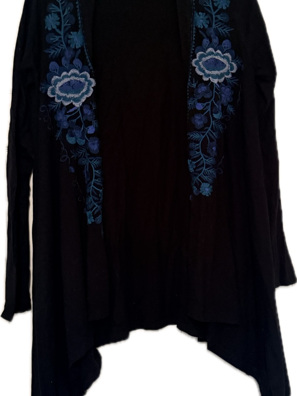 Johnny Was Medium Black Open-Front Cardigan with Blue Floral Embroidery